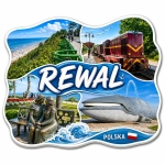 Pamiątkowy magnes z motywami Rewalu: plaża, krajobraz, pociąg, rzeźba i wieloryb