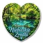 Magnes pamiątkowy Rezerwat Niebieskie Źródła z widokiem na niebieską wodę i las