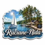 Pamiątkowy magnes Ruciane-Nida z motywem jeziora i jachtu