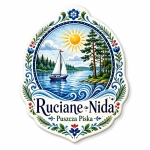 Pamiątkowy magnes Ruciane-Nida z widokiem jeziora i żaglówką
