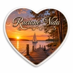 Magnes Ruciane-Nida z widokiem zachodu słońca nad jeziorem, jachtami i drewnianą altanką