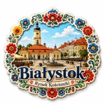 Pamiątkowy magnes przedstawiający Rynek Kościuszki w Białymstoku, tradycyjną architekturę i kwiaty