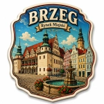 Magnes pamiątkowy przedstawiający Rynek Miejski w Brzegu z charakterystycznymi dachami budynków i fontanną