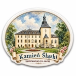 Magnes pamiątkowy przedstawiający pałac i Sanktuarium św. Jacka w Kamieniu Śląskim