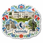 Pamiątkowy magnes Sanniki przedstawiający pałac, kościół i pomnik