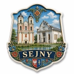 Magnes pamiątkowy Sejny z motywem bazyliki i kościoła