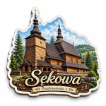 Magnes pamiątkowy Sękowa z motywem drewnianego kościoła