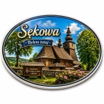 Magnes pamiątkowy Sękowa z motywem drewnianego Kościoła pw. św. Filipa i św. Jakuba UNESCO