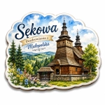 Pamiątkowy magnes z wizerunkiem drewnianej cerkwi w Sękowej