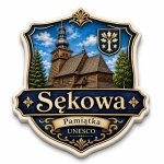 Magnes pamiątkowy Sękowa z motywem drewnianej świątyni