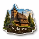Magnes pamiątkowy Sękowa z motywem kościoła drewnianego