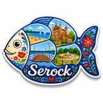 Magnes Serock z motywem plaży, kościoła, mostu nad jeziorem i zamku obronnego