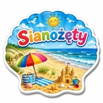 Magnes pamiątkowy Sianożęty z plażowym zamkiem z piasku, parasolem, koszem i ręcznikiem