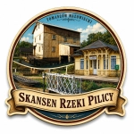 Magnes Skansen Rzeki Pilicy z motywem drewnianego młyna i dworca kolejowego
