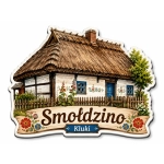 Magnes pamiątkowy Smołdzino z motywem tradycyjnego domu z dachem krytym strzechą i kwiatami