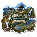 Magnes pamiątkowy Śnieżka i Karkonoski Park Narodowy z widokiem na wodospady, szczyt Śnieżki i Mały Staw