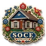 Magnes Soce z motywem drewnianego domu z kwiatami i ptakami