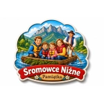 Magnes Sromowce Niżne z motywem rodziny w łodzi na rzece, górami i lasami w tle