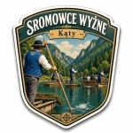 Magnes Sromowce Wyżne z motywem rowerów wiosłowych na rzece, z górami i lasami w tle
