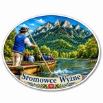 Pamiątkowy magnes Sromowce Wyżne z łodzią pasażerską na rzece, górami i lasami w tle