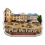 Pamiątkowy magnes Plac Po Farze w Lublinie przedstawiający ruiny i kamienice Starego Miasta