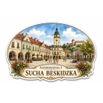 Magnes pamiątkowy Sucha Beskidzka z motywem placu targowego
