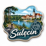 Magnes pamiątkowy Sulęcin z motywem miasta, jeziora i rowerzystki
