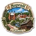 Magnes pamiątkowy Supraśl z motywem kościoła i kamienicy