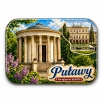 Magnes pamiątkowy ze Świątynią Sybilli w Puławach, pałacem w tle i kwiatami