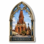 Magnes pamiątkowy ze Świebodzina z motywem gotyckiego kościoła
