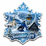 Magnes pamiątkowy Świeradów-Zdrój z zimowym krajobrazem, nartą, gondolą, domem zimowym i zamkiem