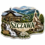 Magnes Szczawa z krajobrazem, wodospadem, kościołem i Pijalnią Wód Mineralnych