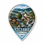 Pamiątkowy magnes Szczawa przedstawiający górski krajobraz z wodospadem i kaplicą