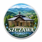 Magnes pamiątkowy Szczawa z krajobrazem górskim i wodą mineralną