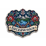 Pamiątkowy magnes Szczawnica z górskim krajobrazem, rzeką, lasem i kwiatami