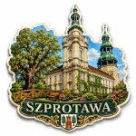Pamiątkowy magnes Szprotawa z motywem budynku z wieżą