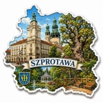 Pamiątkowy magnes Szprotawa z panoramą miasta, parkiem, altanką, stawem i starym drzewem