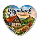 Magnes pamiątkowy Szymbark z tradycyjnym domem, kwiatami, zamkiem na wzgórzu, jeziorem i krajobrazem
