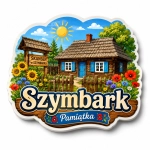 Magnes pamiątkowy Szymbark z motywem skansenu, drewnianym domem i kwiatami