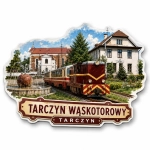 Pamiątkowy magnes Tarczyn z widokiem na stację kolejową i pociąg wąskotorowy