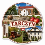Magnes Tarczyn z motywem kościoła, fontanny, jabłek i pociągu wąskotorowego