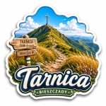 Magnes Tarnica z motywem szczytu góry Tarnica i tabliczkami informacyjnymi.