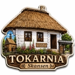 Magnes pamiątkowy Tokarnia z motywem domu z dachem krytym strzechą i kwiatami