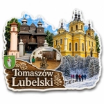 Pamiątkowy magnes Tomaszów Lubelski z drewnianym kościołem, żółtym budynkiem i śnieżnym krajobrazem