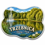 Pamiątkowy magnes Trzebnica z motywem stawów, fontanny i parku