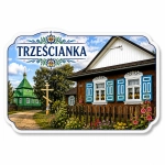 Magnes pamiątkowy z Trześcianki z motywem drewnianego domu i cerkwi na tle nieba