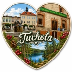 Magnes Tuchola z motywem muzeum Borów Tucholskich, fontanny z orłem, lasu i jeziora