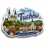 Magnes pamiątkowy Tuchów z widokiem na kościół i kamienice