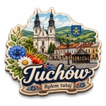 Magnes pamiątkowy Tuchów z motywem kościoła, góry i kwiatów