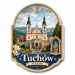 Magnes pamiątkowy z Tuchowa przedstawiający kościół i Matkę Boską